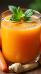 Fototapeta premium Invigorating natural juices with carrots, oranges, and ginger. Mint creates a refreshing and healthy beverage.