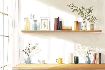 Sunlit shelves with books, plants, and home decor