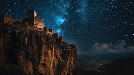 Ancient fortress on cliffside at night under starry sky
