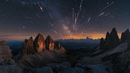 Majestic Dolomites mountains, meteor shower, starry night sky