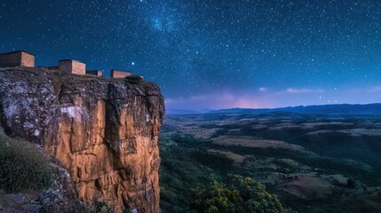 Cliffside Village Under Starry Night Sky: A Remote Landscape of Timeless Beauty
