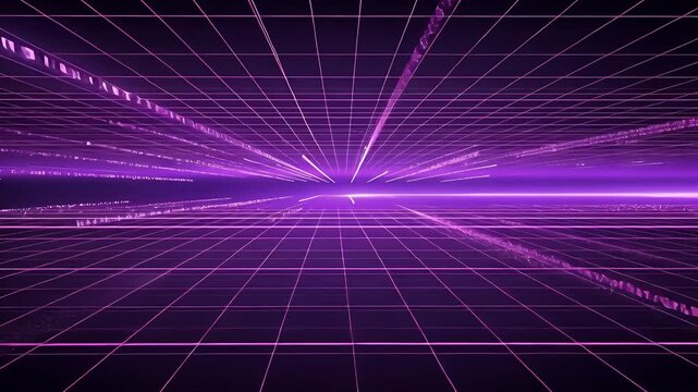 Abstract neon grid with purple rays, creating a futuristic and immersive digital landscape effect.