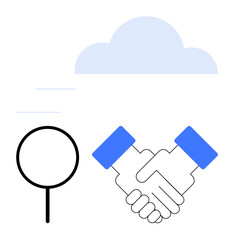 Handshake representing partnership, magnifying glass for search, and cloud for technology. Ideal for teamwork, cooperation, networking, research, innovation success and digital transformation. Flat
