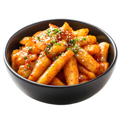 Spicy Rice Cakes long title Spicy Korean rice cakes or Tteokbokki in a savory slightly sweet and fiery sauce with vegetables garnished with sesame