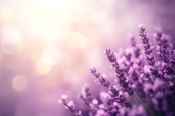 Obraz premium Lavender field, sunlit, soft focus, nature background, peaceful scene, suitable for wallpaper, greeting card