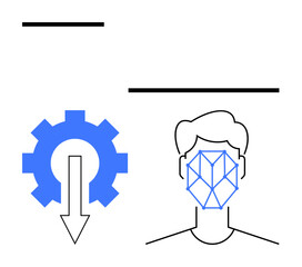 Gear with downward arrow next to a face outline featuring a geometric recognition grid. Ideal for AI, technology, automation, face identification, algorithms, innovation, data processing. Flat simple