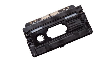 Mini dv cassette showing magnetic tape with transparent background