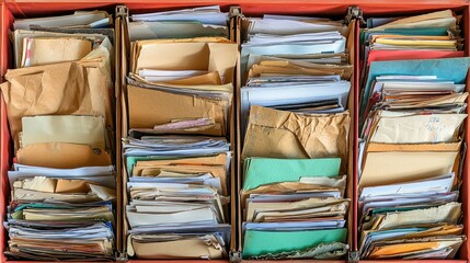 Overstuffed red file cabinet with disorganized paperwork in varied colors
