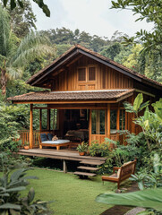 Gazebo and wooden house surrounded by trees in a garden and forest setting