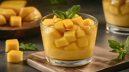Chinese mango pudding garnished fresh mango cubes and mint leaves served in a glass cup