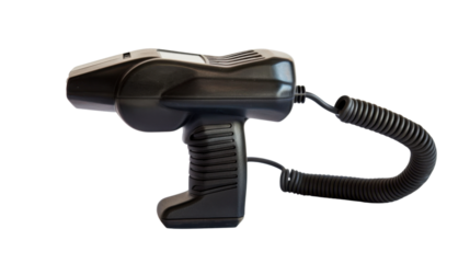 Black barcode scanner with coiled cable on transparent background