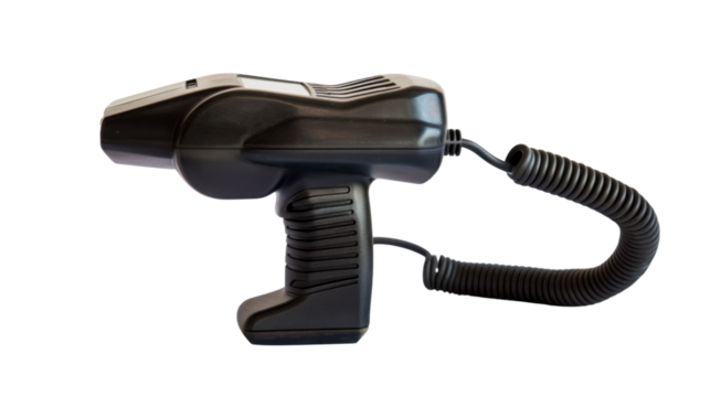 Black barcode scanner with coiled cable on transparent background