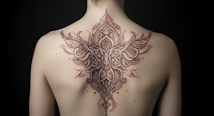 Woman with Back Tattoo Featuring Intricate Ornamental Design Against Black Background