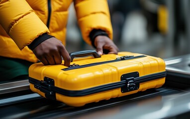 African man in yellow jacket carefully checks his bright yellow suitcase before placing it on baggage conveyor belt in airport