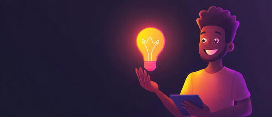 cheerful character holding glowing light bulb, symbolizing ideas and creativity, while using tablet. vibrant colors create engaging atmosphere