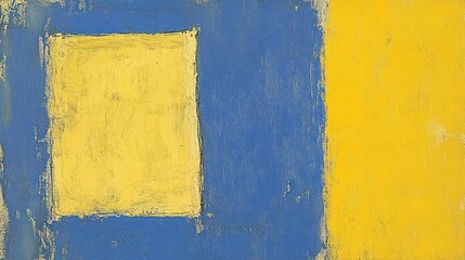 Abstract painting featuring a large square of pale yellow set against a deep blue background, with a vertical strip of bright yellow