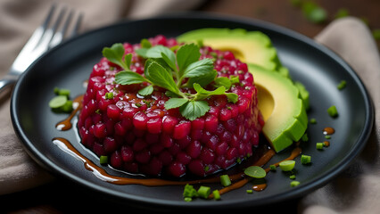 A stunning vegan tartare with beets and avocado. Balsamic glaze and microgreens create a flavorful and elegant dish.