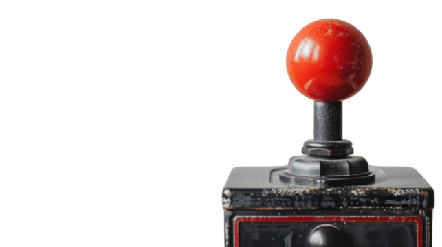 Red joystick on transparent background representing gaming and nostalgia