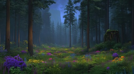 Enchanting misty forest glade filled with vibrant wildflowers