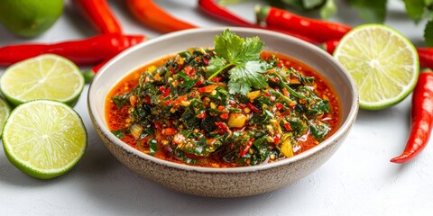Spicy Fresh Green Salad with Chili and Lime Garnish on White Surface