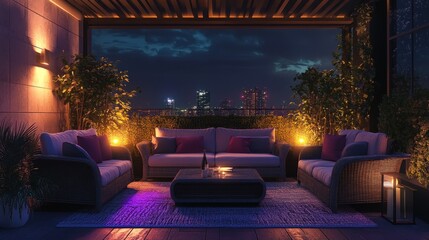 Obraz premium Nighttime Cityscape Rooftop Terrace with Sectional Sofa and Ambient Lighting