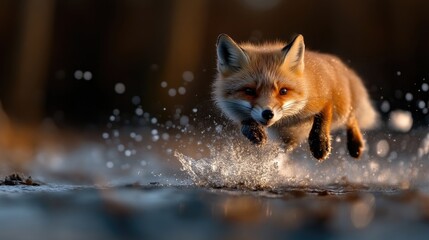 Obraz premium Red fox leaping through water