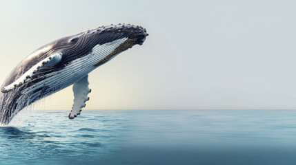 Fototapeta premium Majestic humpback whale breaching surface of calm ocean waters, showcasing its grandeur and beauty