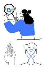Woman examining profile with magnifying glass, brain with rising arrows, and facial recognition. Ideal for recruitment, digital identity, technology, AI, innovation, productivity progress flat
