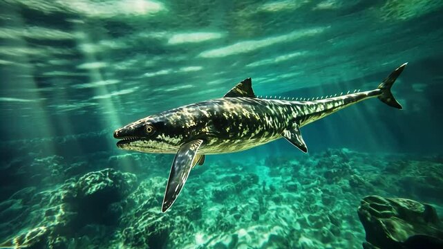 Ancient Predator: An image of a prehistoric marine reptile swims gracefully through the ocean depths, capturing its scale and the aquatic environment in vivid detail.