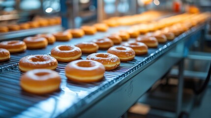 Close-up of Glazed Donuts on a Conveyor Belt