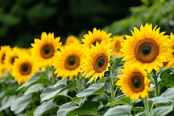 Obraz premium Sunflower field, bright blossoms in row, outdoor, natural light, suitable for wallpaper or prints