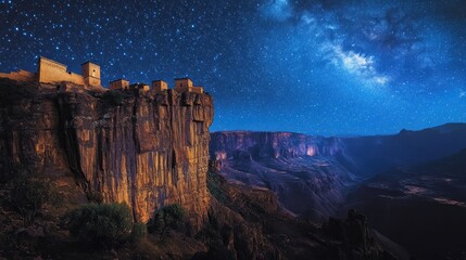 Ancient clifftop village under a starry night sky, milky way