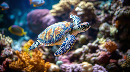 Fototapeta premium Sea Turtle Swimming in Deep Blue Ocean 