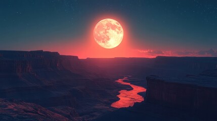 Red Moon over Canyon River Valley at Night