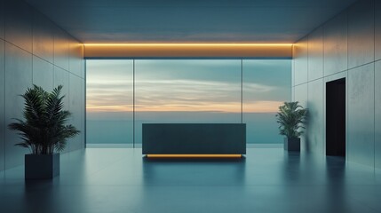 A modern, minimalist indoor setting that emphasizes clean lines, ambient lighting, and a panoramic view.