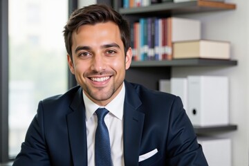 Fototapeta premium Confident Hispanic Male Professional Smiling in Modern Office Setting with Bookshelf Background