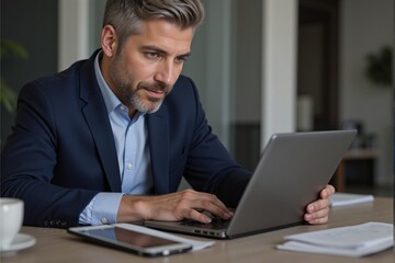 Middle-aged Caucasian man in a tailored dark suit working intently on a laptop in a modern office setting with a tablet and coffee nearby
