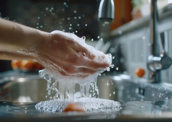 Fototapeta premium Close-up of hands washing with soap in a bright kitchen.