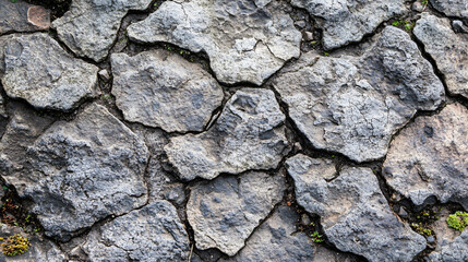 A close-up view of cracked volcanic rock, displaying textured surfaces and natural patterns created by erosion and weathering.