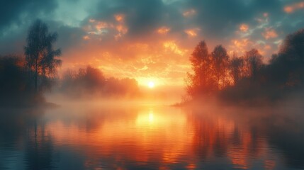 Fototapeta premium Misty Sunrise Over River