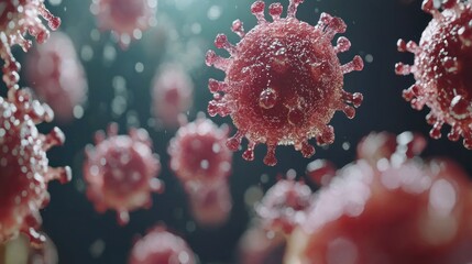 Red spiky spheres float, depicting cellular or viral entities, in detailed form