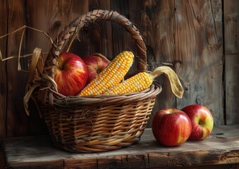 Rustic basket with apples and corn on a wooden surface.