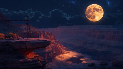 Grand Canyon at night, red moon, overlooking cliffs