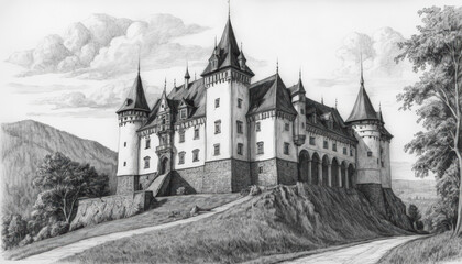 Pencil drawing of Drakula Castle, Transylvania, Romania.