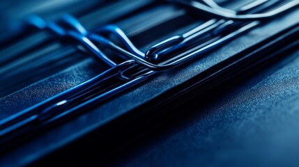 Extreme macro shot document files, navy blue paper clips, stacked paper edges, diagonal composition, soft focus background, corporate minimalism, professional photography