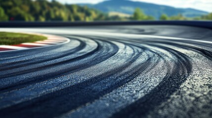 Fototapeta premium Race Track Asphalt Curves: A Close-Up View of Tire Marks on a Race Track