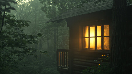 A cozy cabin in a misty forest, illuminated from within, creating a warm glow against the dark, serene surroundings.