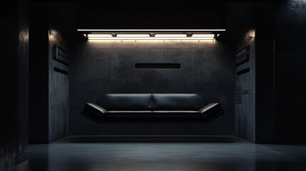 Levitating furniture in void, floating black leather sofa, suspended office equipment, zero gravity arrangement, dramatic lighting, surreal composition, dark atmosphere, photorealistic 3d render