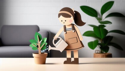 Girl watering plant in cozy living room paper craft composition indoor garden care