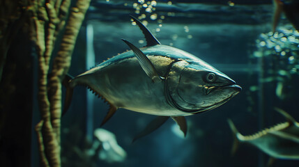 Fototapeta premium Majestic tuna gracefully swims in a deep ocean aquarium, showcasing its powerful form and sleek lines.